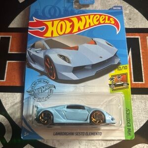 Hot Wheels Lamborghini Sesto Elemento Toy Car - Light Blue with Orange Wheels